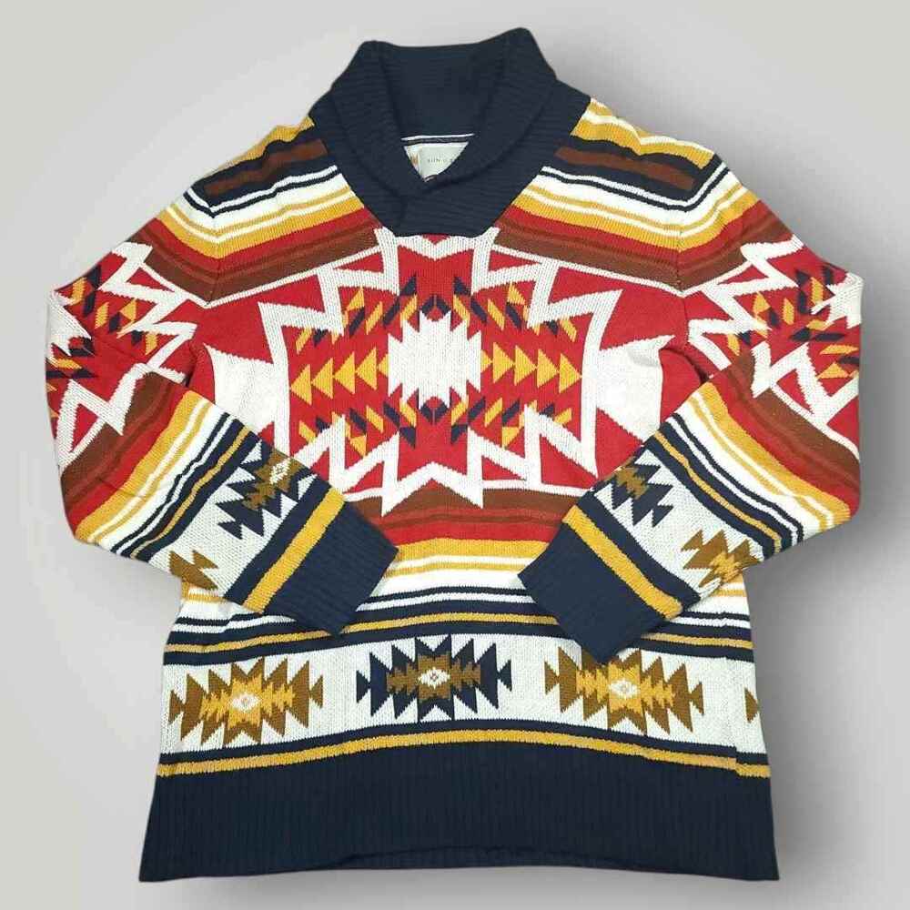 Sun Stone Sweater Mens M Aztec Southwestern Tribal Knit Cowl Neck Preppy Casual